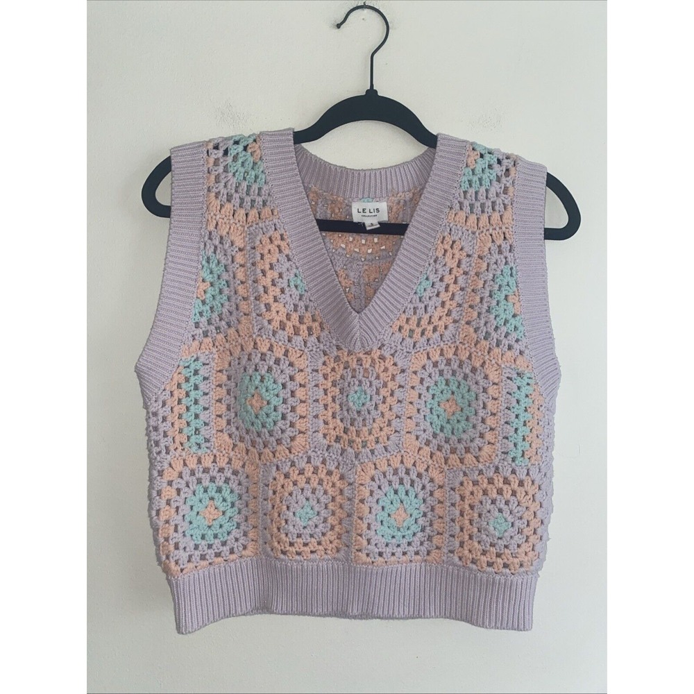 Le Lis Crochet Sweater Vest Lilac Pastel Flower Size Small